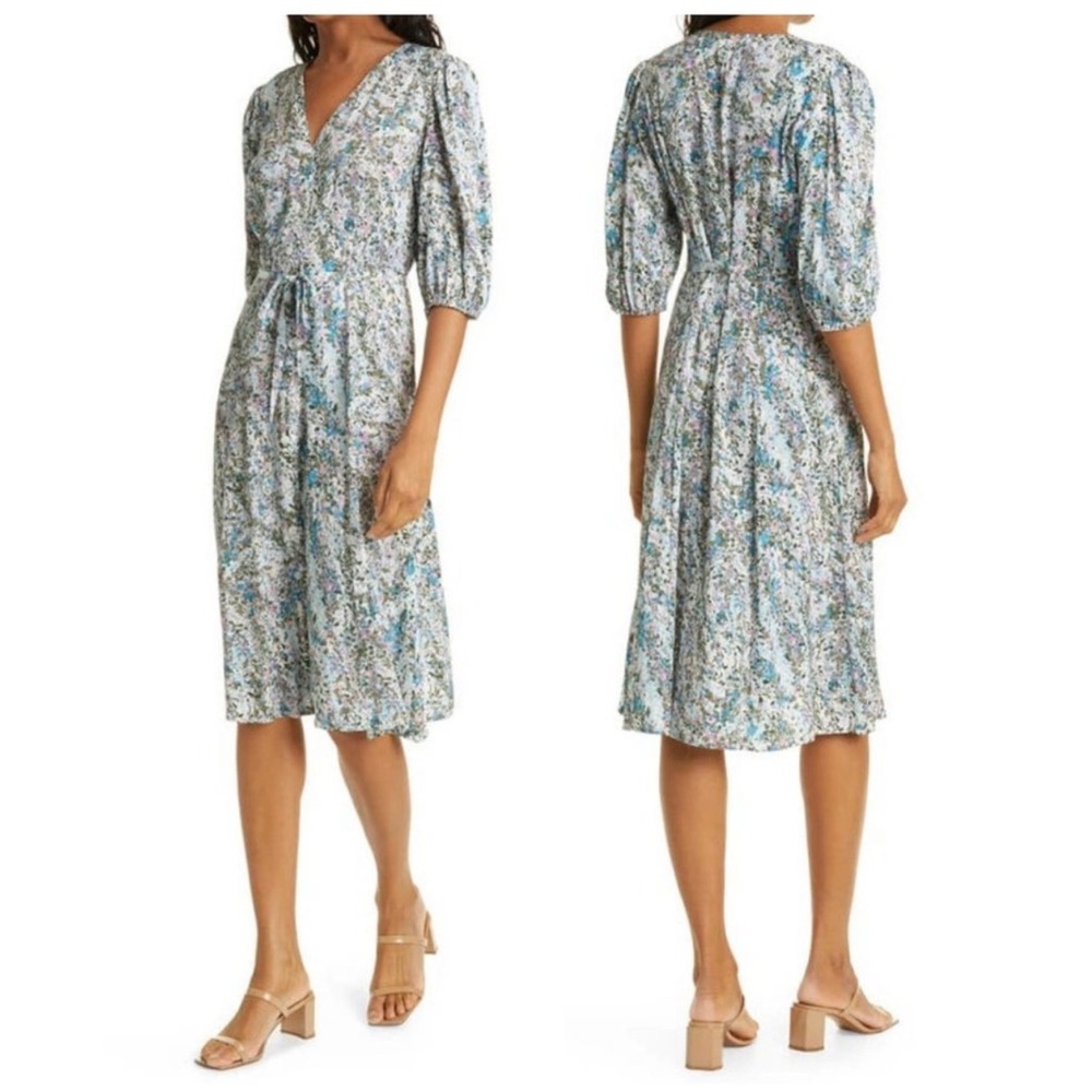Nordstrom Signature Silk V Neck Button Front Puff Sleeve Floral Dress Size 8